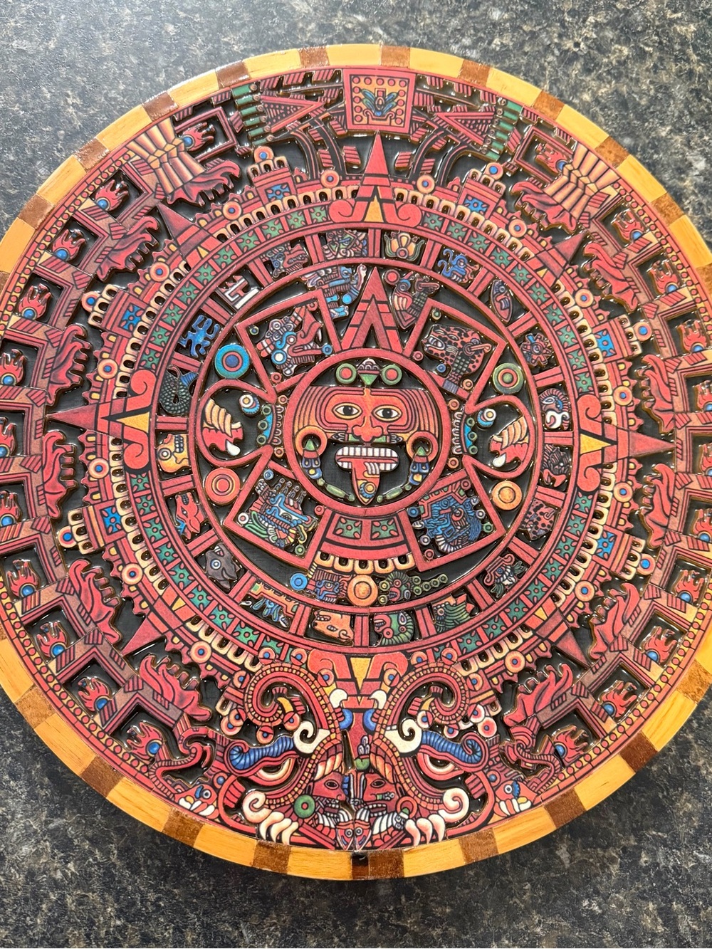 Marquetry Aztec Sun Calendar , Inlaid Wood, 13.5” inches Diameter